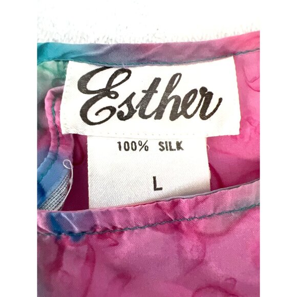 Vintage Esther 100% Silk Watercolors Blouse Large Shoulder pads Single back butt - Picture 2 of 5